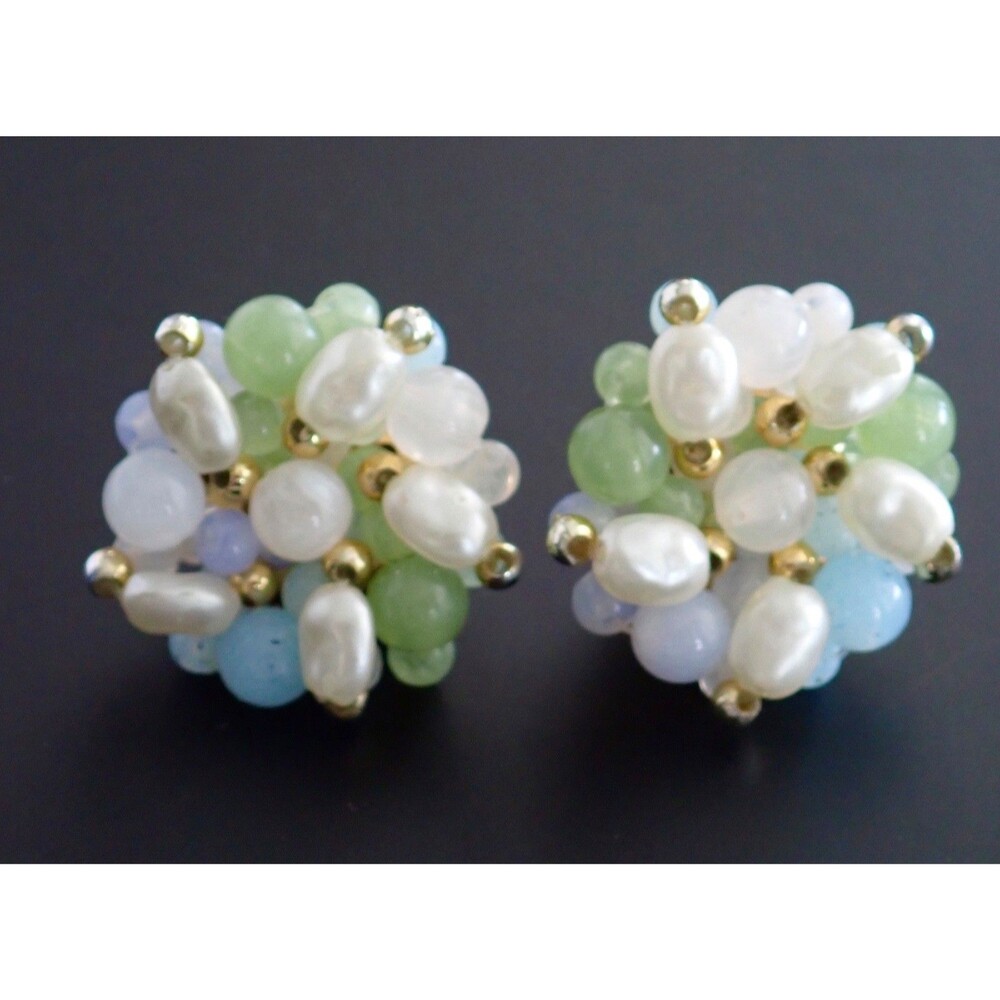 Vintage Costume Earrings Blue Glass Beads Faux Pearls Green Blue Cluster Clip On